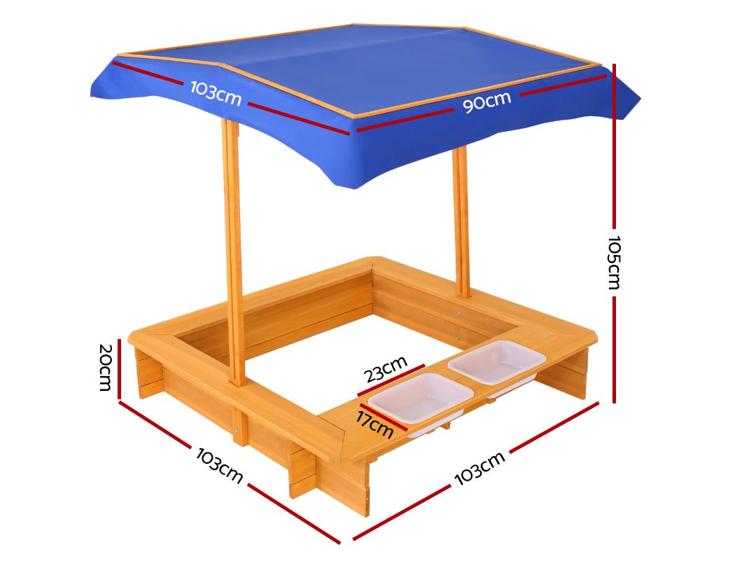 Keezi Outdoor Canopy Sand Pit with adjustable canopy, dual water basins, and treated fir wood construction, perfect for kids' outdoor play.